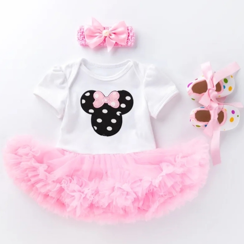 Girls Minnie Pink Dres Polka Dots Tulle Birthay Onesie Outfit 12/24 Months